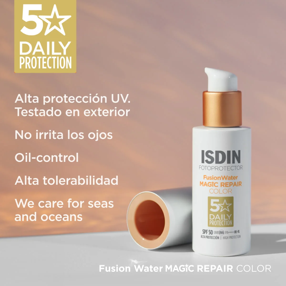 Fotoprotector con color Isdin Fusion Water Magic Repair SPF 50 50 ml